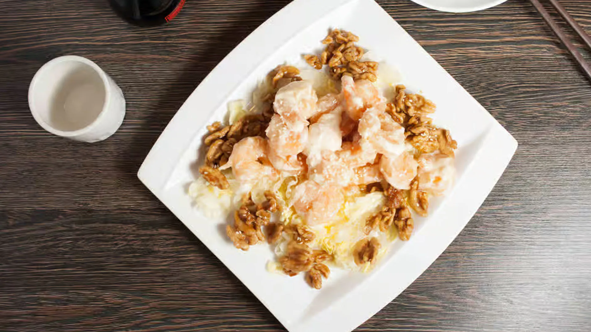 Sweet glazed honey walnut prawns coated with creamy nut sauce at Cheung Hing, a Chinese Restaurant in San Francisco